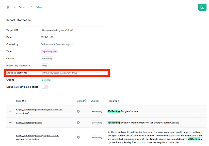 Report view screen showing excluded elements section with a specified XPath, targeting elements to omit from the report for seotesting.com/blog.